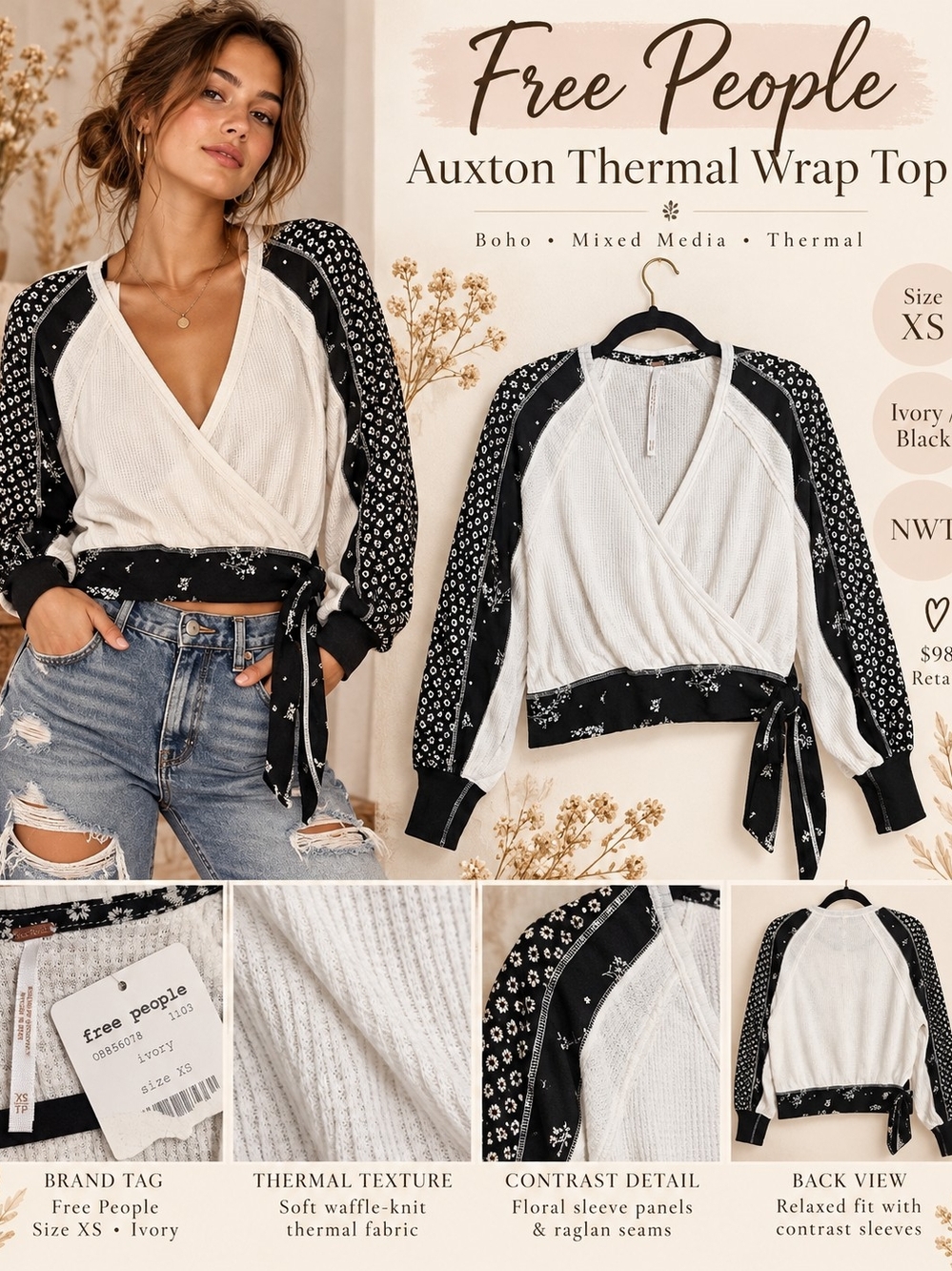 NWT Free People Auxton Thermal Wrap Top Ivory Black Floral XS $98